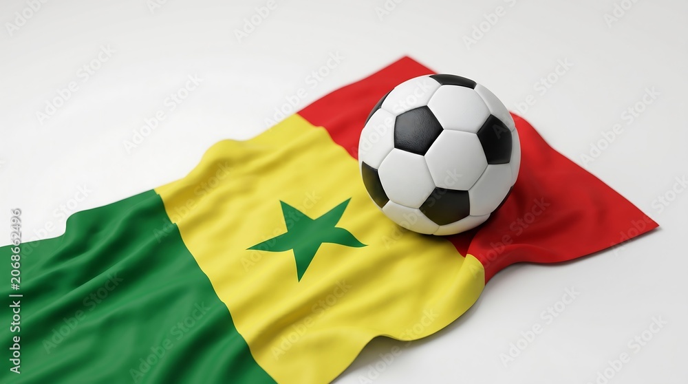 Naklejka premium Leather soccer ball on wavy national flag of Senegal over white background with bright lighting