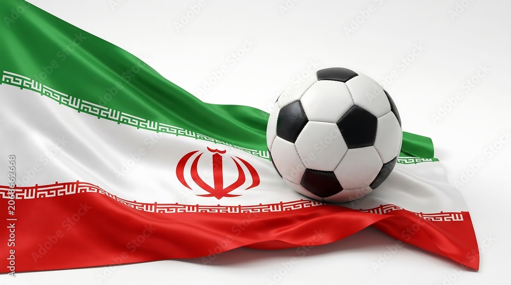 Naklejka premium Professional studio shot of soccer ball resting on draped national flag of Iran over white background