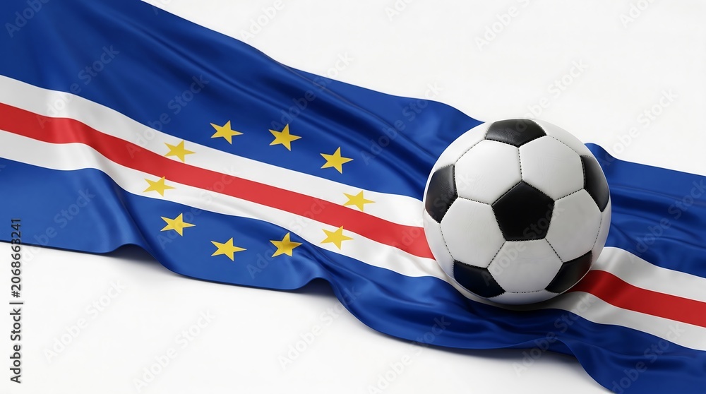 Fototapeta premium Soccer ball on waving Cape Verde national flag isolated on white background with studio lighting