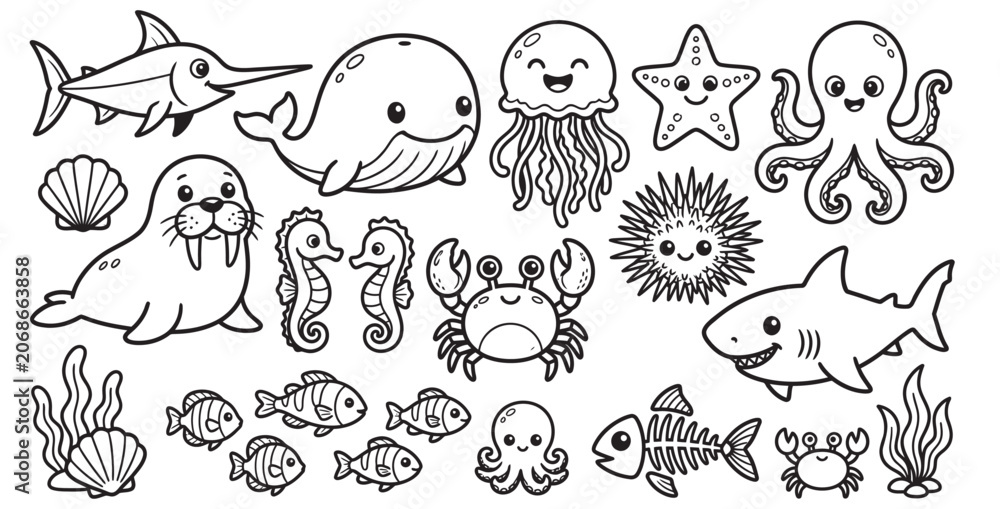 Obraz premium Collection of cute and friendly cartoon sea creatures and ocean life on transparent background