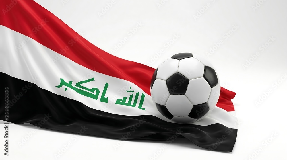 Fototapeta premium Soccer ball resting on draped Iraqi national flag isolated on white background studio lighting composition