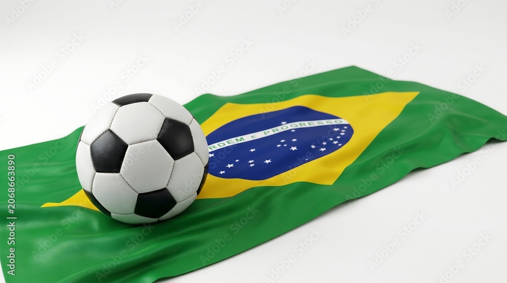 Fototapeta premium Soccer ball resting on a wrinkled national flag of Brazil against a white studio background