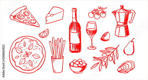 Bild auf Leinwand Hand-drawn collection of Italian food and drink icons, including pizza, wine, coffee maker, olives, and cheese, sketched in a red line art style