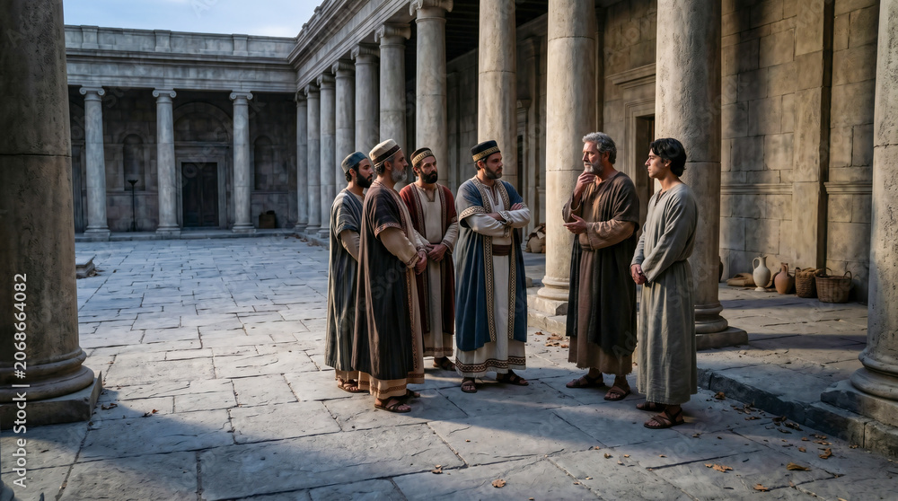 Fototapeta premium Apostle Peter and John discussing with priests and sadducees in Jerusalem temple courtyard. Biblical recreation of ancient middle eastern gathering after religious interrogation. Faith