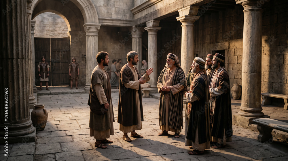 Fototapeta premium Apostle Peter and John discussing with priests and sadducees in Jerusalem temple courtyard. Biblical recreation of ancient middle eastern gathering after religious interrogation. Faith