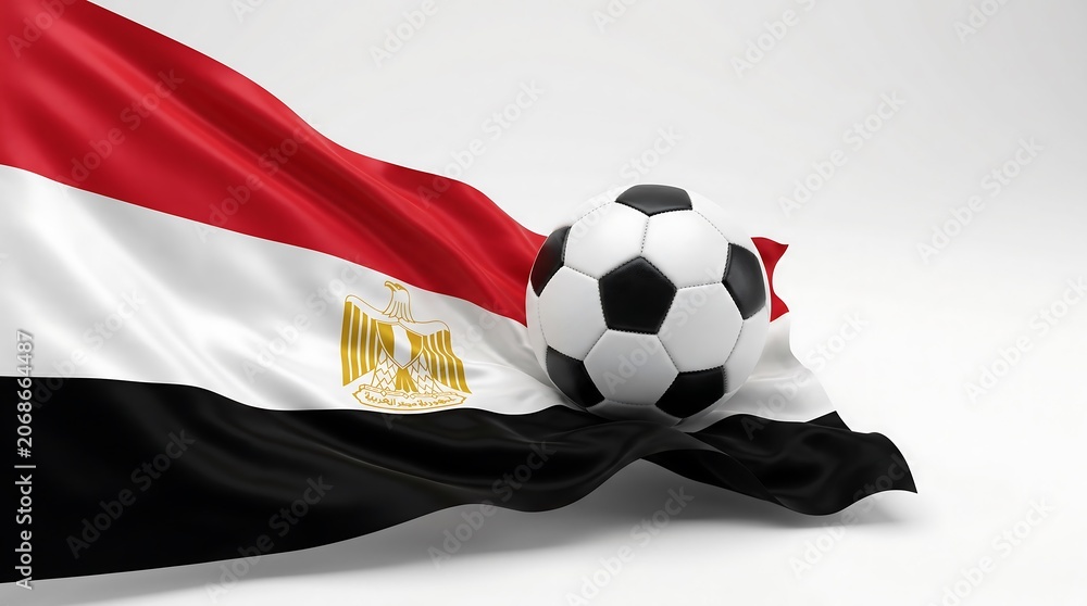 Fototapeta premium Studio shot of soccer ball resting on the waving national flag of Egypt against white background