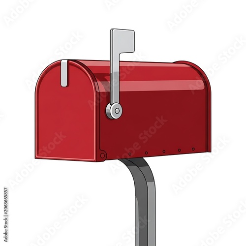 Red rolling suitcase standing upright on gray pole.
