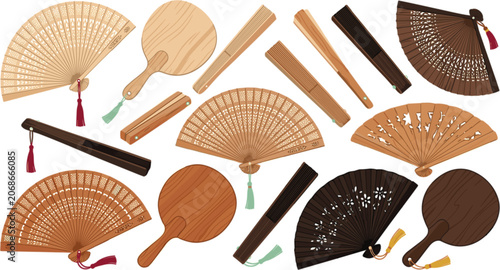Foto Wooden hand fan vector set featuring traditional Asian folding fans paddle uchiw