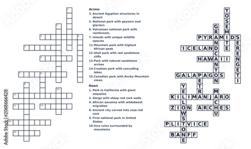 Crossword puzzle with clues and grid layout on white background  