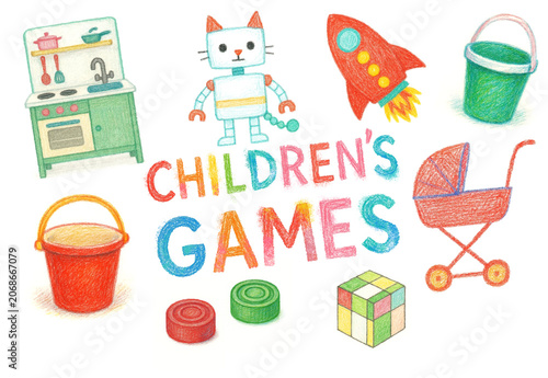 Children's games, childhood, toys, colored pencils, watercolor, hand drawing