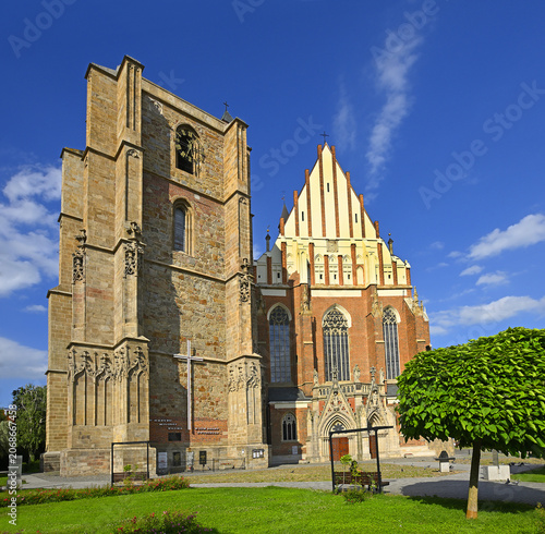 The gothic bell tower standing next to the Minor Basilica of St. Agnes and St. James in Nysa, south Poland