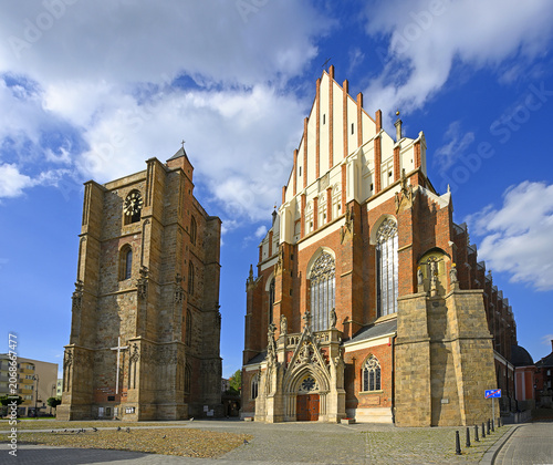 The gothic bell tower standing next to the Minor Basilica of St. Agnes and St. James in Nysa, south Poland