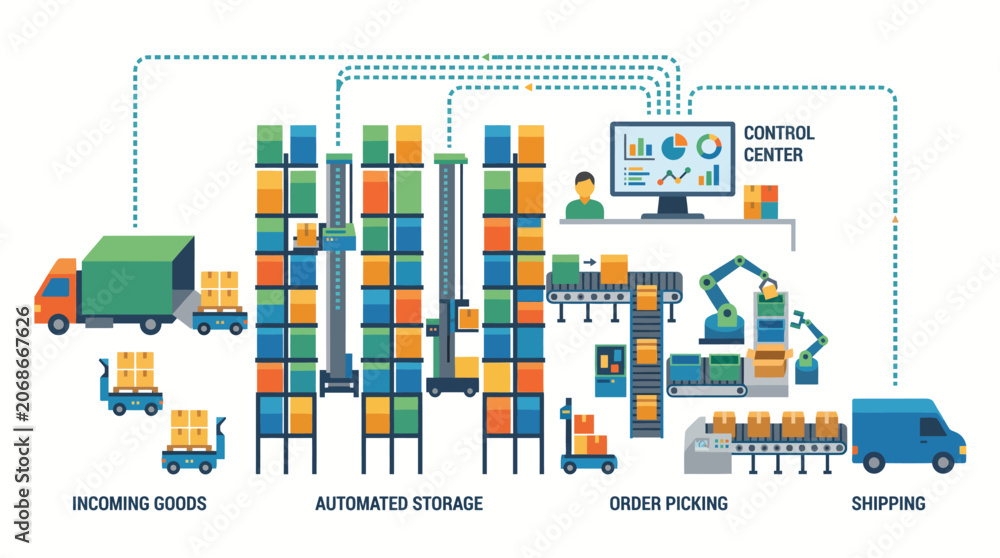 Fototapeta premium Automated Warehouse Storage System with Order Picking and Shipping Flow