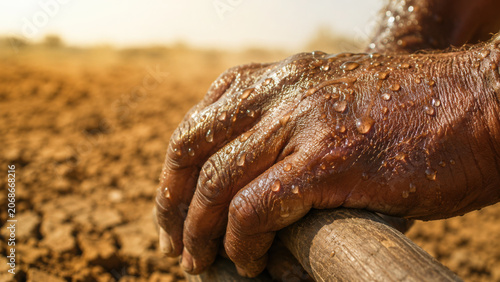 Dry soil and hands of farmer show struggle of el nino impact on agriculture, highlighting resilience and hard work in challenging conditions