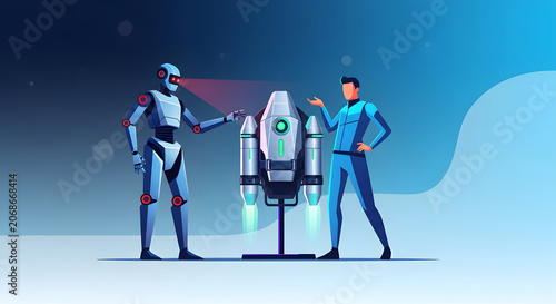 Artificial intelligence robot and human inspecting trading rocket