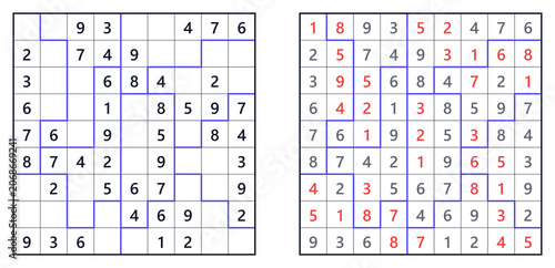 Sudoku puzzles in grid layout with highlighted numbers and solutions  