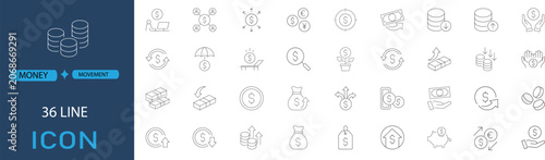A collection of 36 line icons in various categories for design projects and presentations on isolated white background