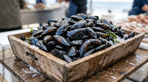 Large wooden crate filled with fresh raw mussels. Abundance of dark blue mussel shells at an outdoor seafood market or coastal dock