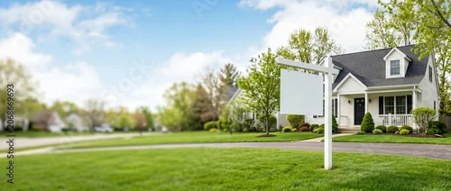 Panel kuchenny z motywem Blank white real estate sign on a green lawn in front of a suburban house. Property for sale concept. Copy space