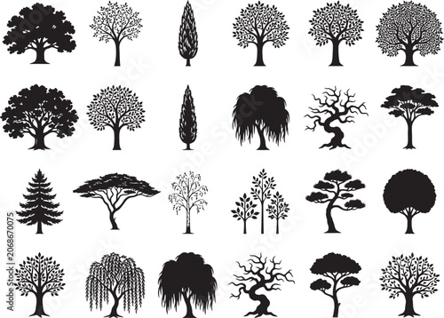 Tree Silhouette Collection Set with Oak Pine Willow Bonsai and Decorative Forest Trees