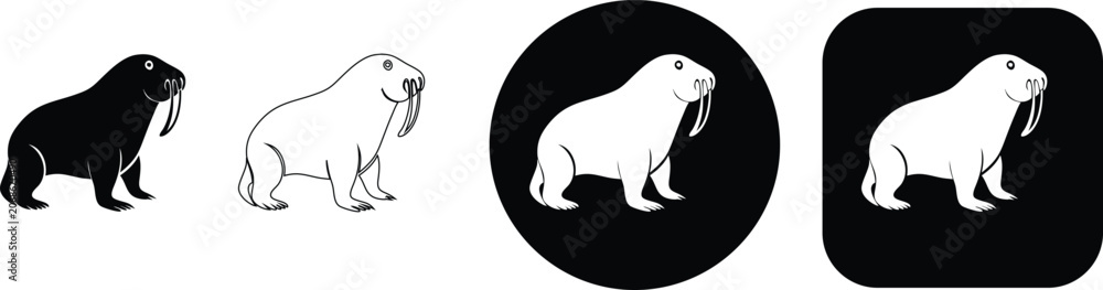 Fototapeta premium Four variations of a side profile walrus including black silhouette, outline, and circular or square button formats