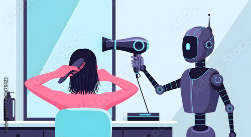 Robot hairstylist drying hair for a person in front of a mirror
