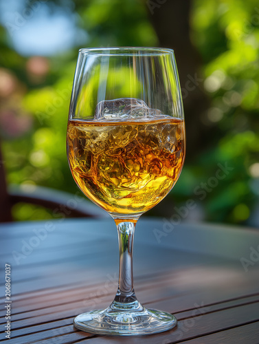 Refreshing iced tea in wine glass on outdoor table