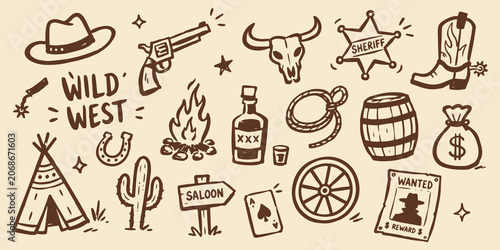 Foto Wild West Cowboy Doodle Set Vector Illustration