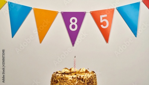 Festive Flag Garland and Cake with Number 85 for Birthday and Anniversary Party