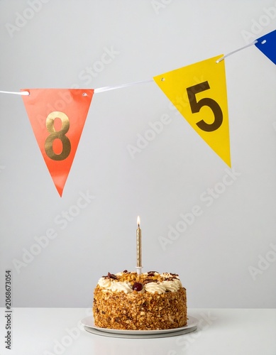 Festive Flag Garland and Cake with Number 85 for Birthday and Anniversary Party
