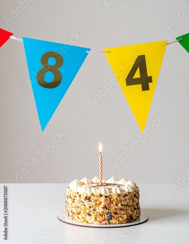 Festive Flag Garland and Cake with Number 84 for Birthday and Anniversary Party