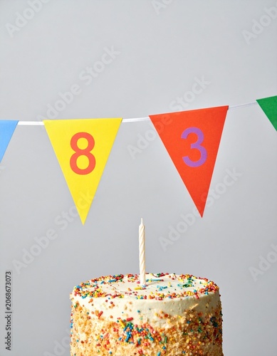 Festive Flag Garland and Cake with Number 83 for Birthday and Anniversary Party
