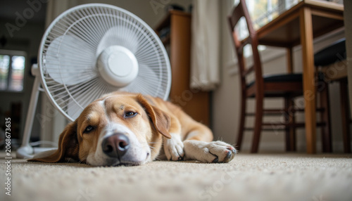 Tired sad dog lying on carpet floor in front of electric fan during hot summer