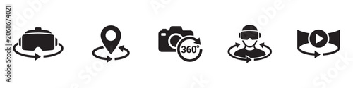 Virtual reality and 360 degree video icon set. VR headset, panorama, camera and immersive technology symbols. Vector illustration.