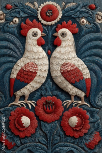 Rooster and Poppy Folk Art: A charming folk art composition featuring two stylized roosters facing each other, adorned with red and blue floral motifs.