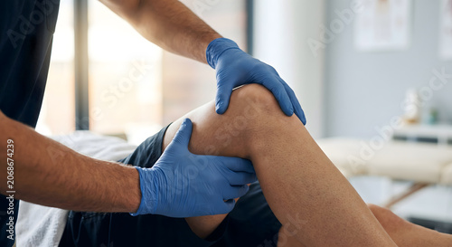 Doctor wearing blue gloves examining knee of patient lying on examination table.