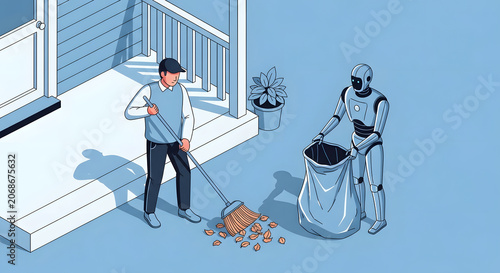 Human and robot working together to sweep leaves on a porch