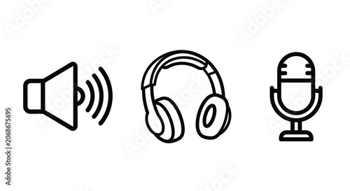 Speaker headphones and microphone line icons on a white background