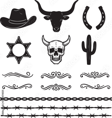 Collection of black western themed including a cowboy hat, bull skull, horseshoe, cactus, sheriff badge, and decorative also transparent background