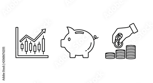 Financial icons featuring graph piggy bank and hand depositing coins on white