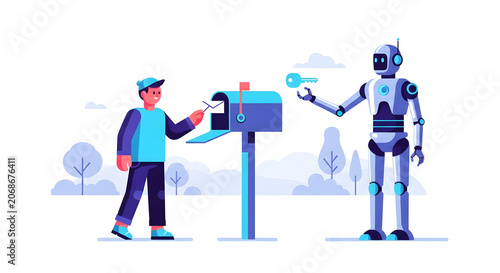 Robot and human interaction with a mailbox and digital key
