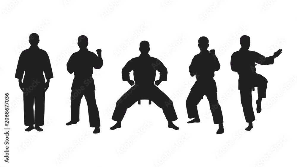 Obraz premium Black silhouettes of men in different karate fighting poses