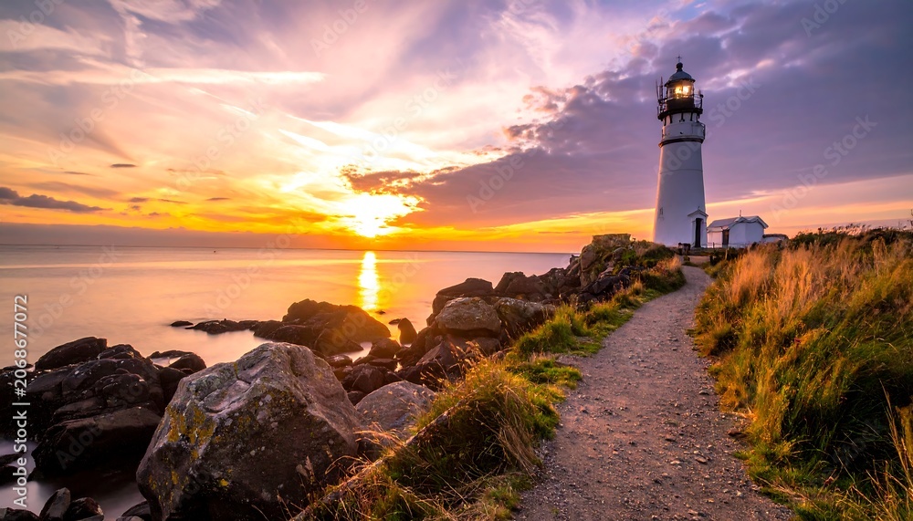 Fototapeta premium Coastal lighthouse guiding ships at sunset over calm ocean water