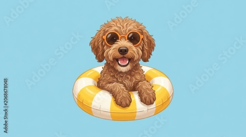 Adorable Poodle Puppy Enjoying Summer Vacation with Sunglasses and a Life Ring.