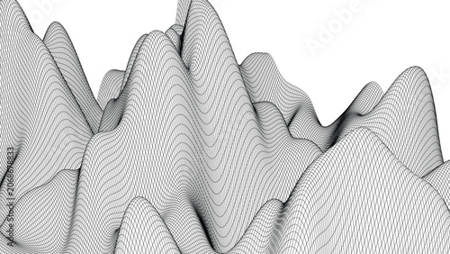 Abstract 3D Wireframe Peaks and Digital Mountain Terrain Background.