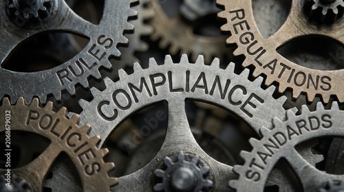 AI generated interconnected metal gears representing compliance regulations policies standards governance risk management corporate control within an organized business framework