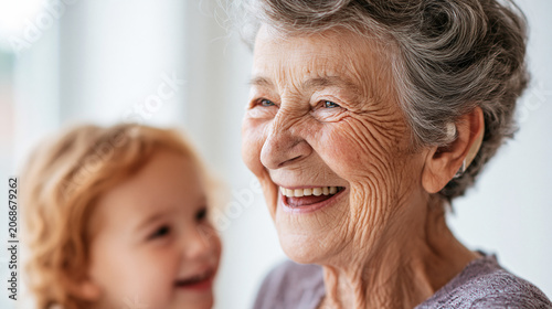 Close-up portrait of a joyful senior woman wearing a hearing aid, laughing happily. Blurred little granddaughter in the background. Audiology, hearing loss solution and happy family concept. Generat