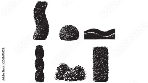 Photography Assortment of sculpted topiary plants for garden and landscape design