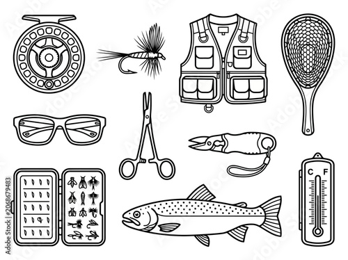 Fly fishing gear icons including reel, trout, fly box, and tools. Minimalist black line art for outdoor sport.