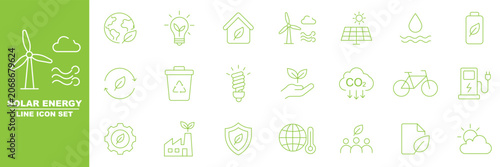 Foto Ecology and global climate change outline icon set with solar panel wind turbine recycling earth globe weather